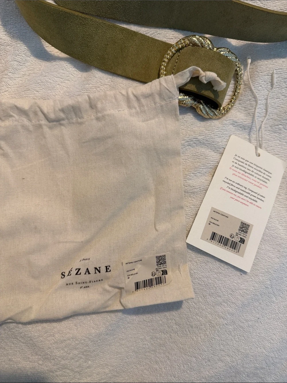 Sezane Pistachio Suede Women’s Belt with Decorative Rope Buckle